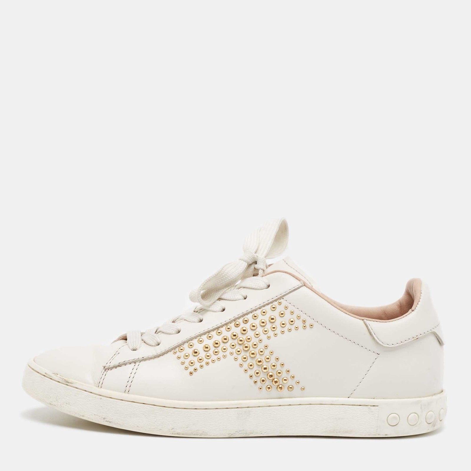 Tods White Leather Studded Lace Up Sneakers Womens Size 36