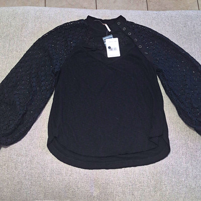 Free People Black V-Neck Henley Knit Top Lace Button Long Sleeve XS OB890204