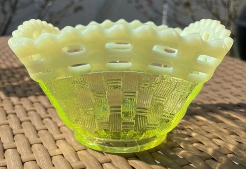 Fenton Topaz Vaseline Opalescent Open Edge Basketweave Vase. No Damage.