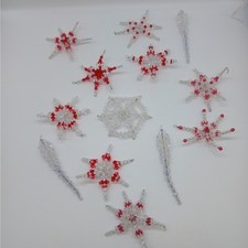 VTG Handmade Red Clear Glass Beaded Snowflake  Icicle Christmas Ornament 13 Set