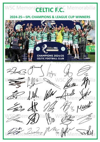 9954. 2024-25 Glasgow Celtic Signed Team Photo Sheet (PRINTED AUTOGRAPH - A4)