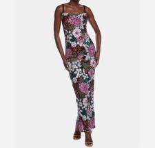 Bronx and Banco Women's Pink Black Sequin Floral Dahlia Dress Gown Size M