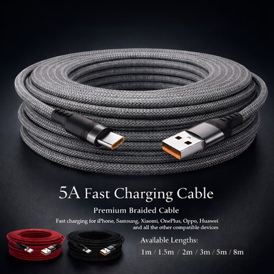 USB Type C 5A Fast Charging Braided Cable for iPhone Samsung Xiaomi Huawei Oppo