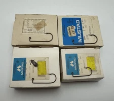 4 Boxes Of Vintage Mustad Aberdeen Hooks Eyed, Shank Bent Down Different Sizes