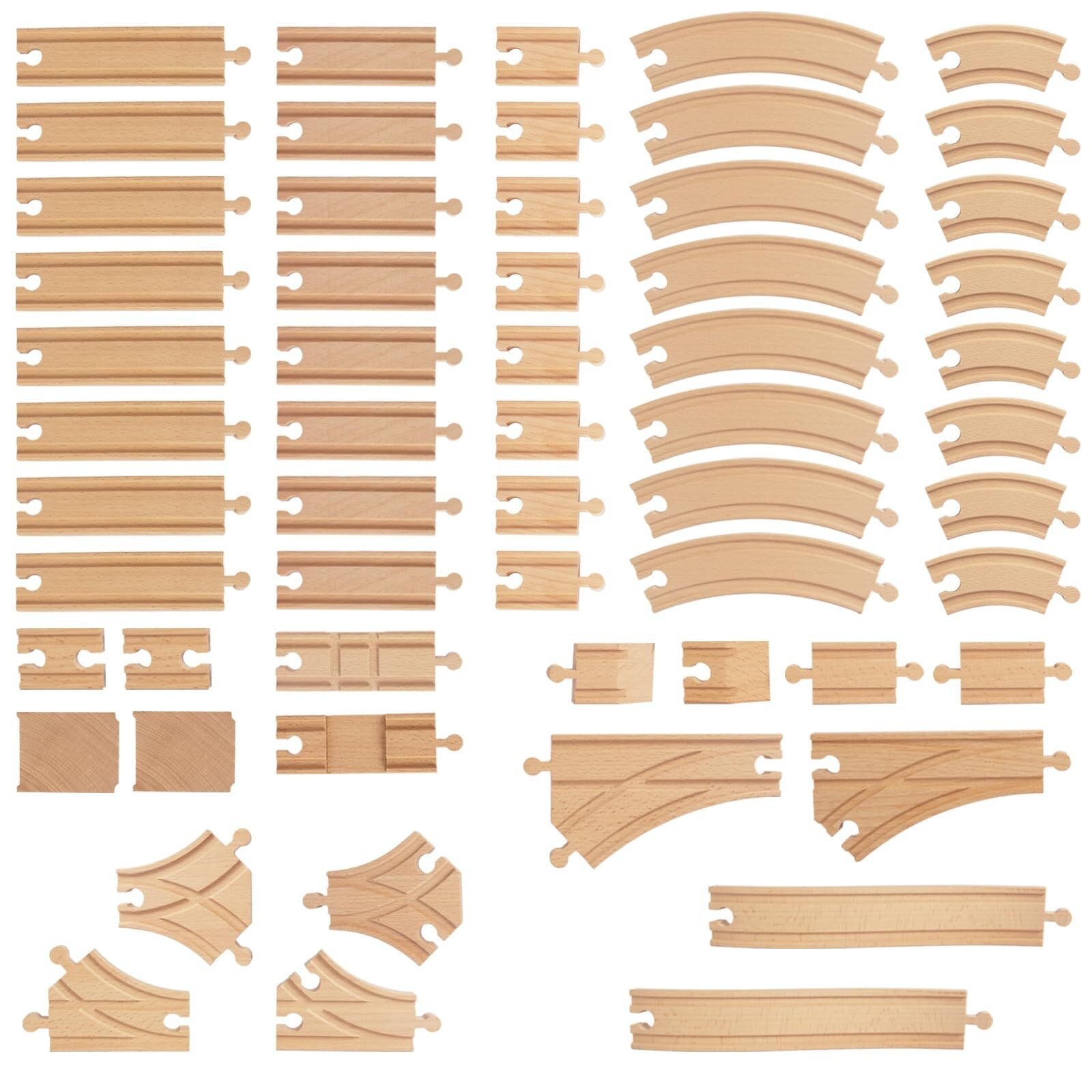 58-Piece Wooden Train Track Expansion Set with 9 Unique Connectors for Kids