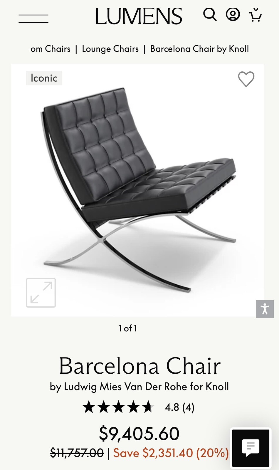 NEW KNOLL STUDIO BARCELONA CHAIR MIES VAN DER ROHE BLACK LEATHER CHROME ART DECO