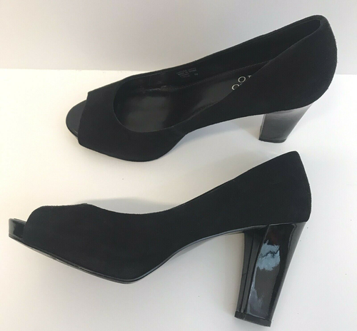Franco Sarto Size 8 Value Kid Suede Open Toe Black Pumps Platform - Picture 2 of 6