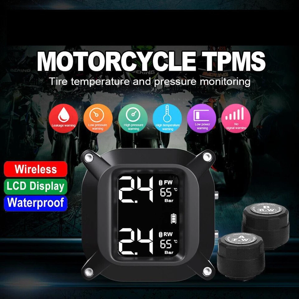Pantalla LCD Presión Neumáticos Moto TPMS Sistema de Monitoreo en Tiempo Real Sensor 2 Piezas Foto 2 de 4
