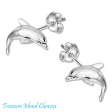 Dolphin Ocean Sea Marine Life 925 Solid Sterling Silver Stud Post Earrings