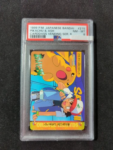 Pokemon Japanese Bandai Carddass Anime Collection #215 Pikachu & Ash PSA 8