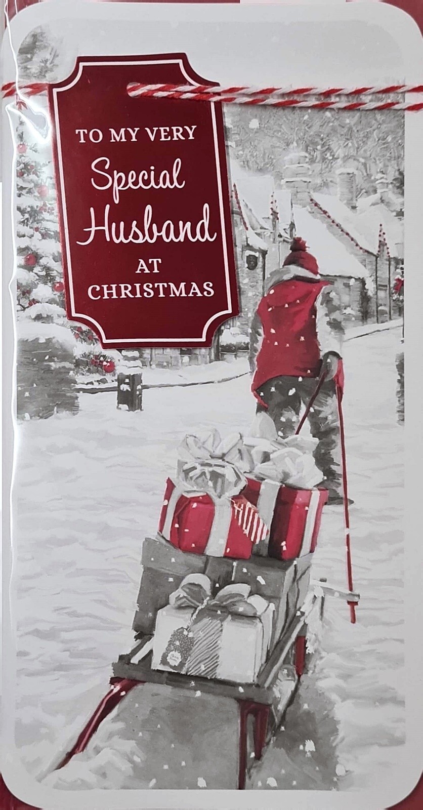 Christmas Card To a Very Special Husband With Man Pulling Sled of Presents