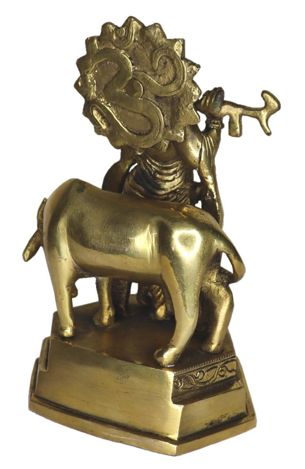 Lord Krishna with Cow Figure Handmade Brass Statue Home Decor Figurine