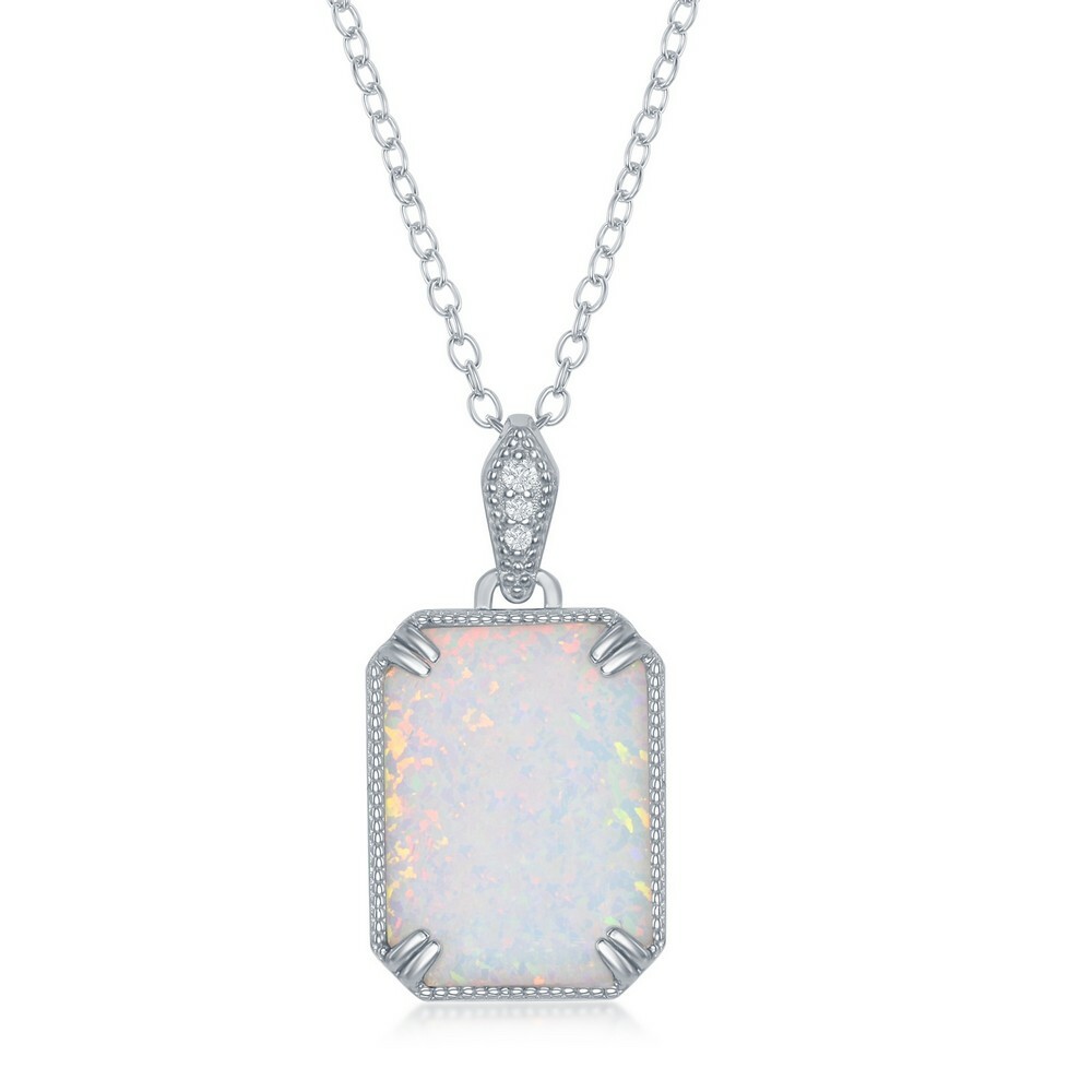 Unisex Pendant Sterling Silver CZ Rectangle White Opal with Bead Border