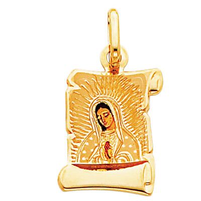 14K Yellow Gold Guadalupe Enamel Picture Religious Pendant For Chain