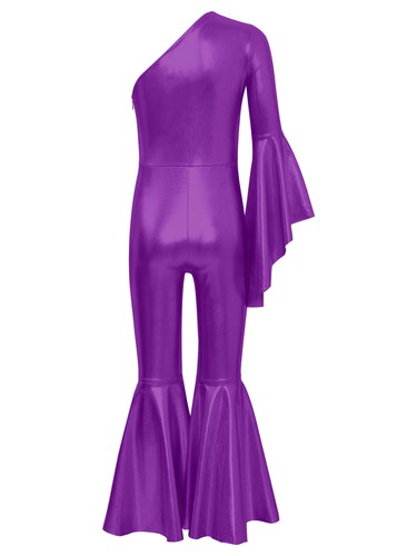 AU Girls Shiny Metallic One Shoulder Catsuit Bell Bottom Jumpsuit Dancewear - Picture 21 of 55