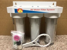3 Stage RV Water Filter System Clear Housings, Clean Water 3/4” Hose Fitting's