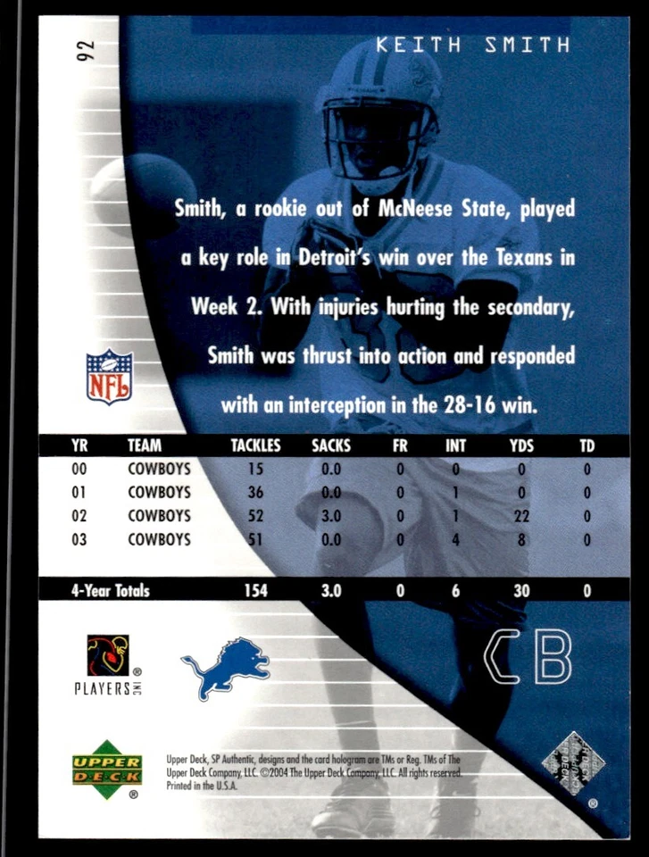 2004 SP Authentic Keith Smith Rookie 0442/1199 Detroit Lions #92 R147 - Image 2 of 2