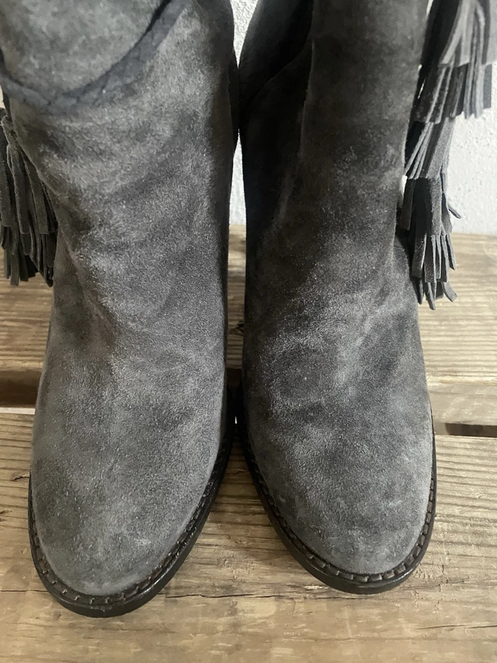 JOIE Womens Boots Size 36.5 Grey Suede Round Toe Block Heel Wrap Around Tassel - Image 3 of 4