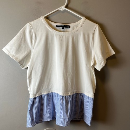 Veronica Beard Betts Scoop Neck White Blue Striped Top Size Large