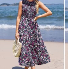 Cupshe Dark Floral Highneck Smocked Top Sleeveless Midi Dress Size L