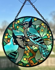 Suncatcher Bluebirds Stained Glass Window Hanging Gift Spring Birds 4.5  Round