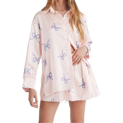 New MABLE Button Down Silky Soft Pajama Shorts Set Light Pink / Blue Bows Small