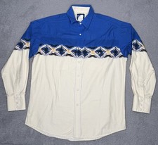 Vintage Wrangler Western Shirts Mens Large White/Blue Aztec Pearl Snap Button Up