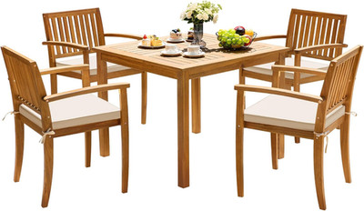 5 Piece Patio Dining Set Outdoor Solid Wood Furniture W/Square Tabletop & 4 Chai