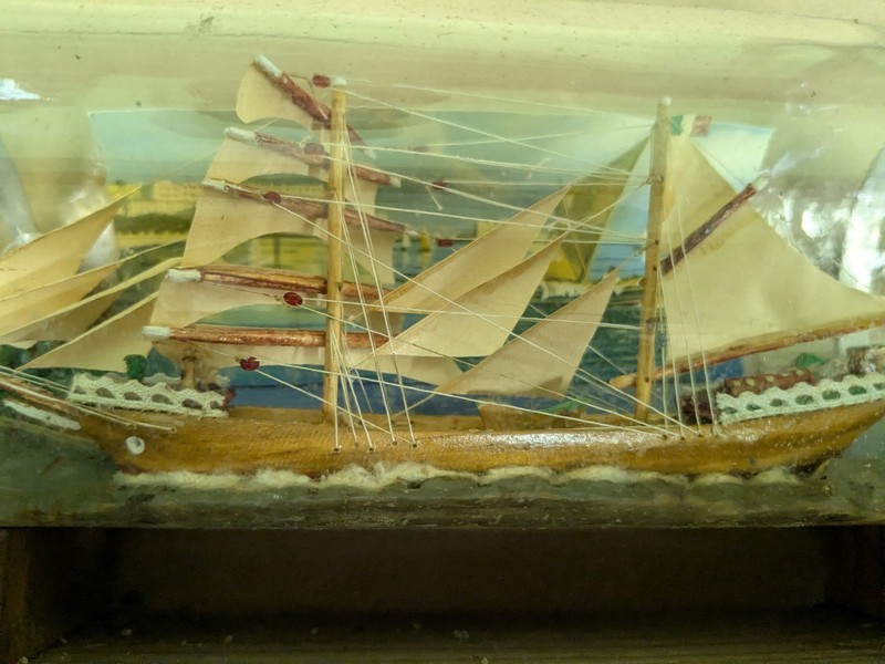 Vintage Italian Ship in a Bottle Entering a Port w/ Electric Lighthouse Folk Art