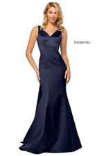 Sherri Hill Navy Satin Mermaid Evening Gown