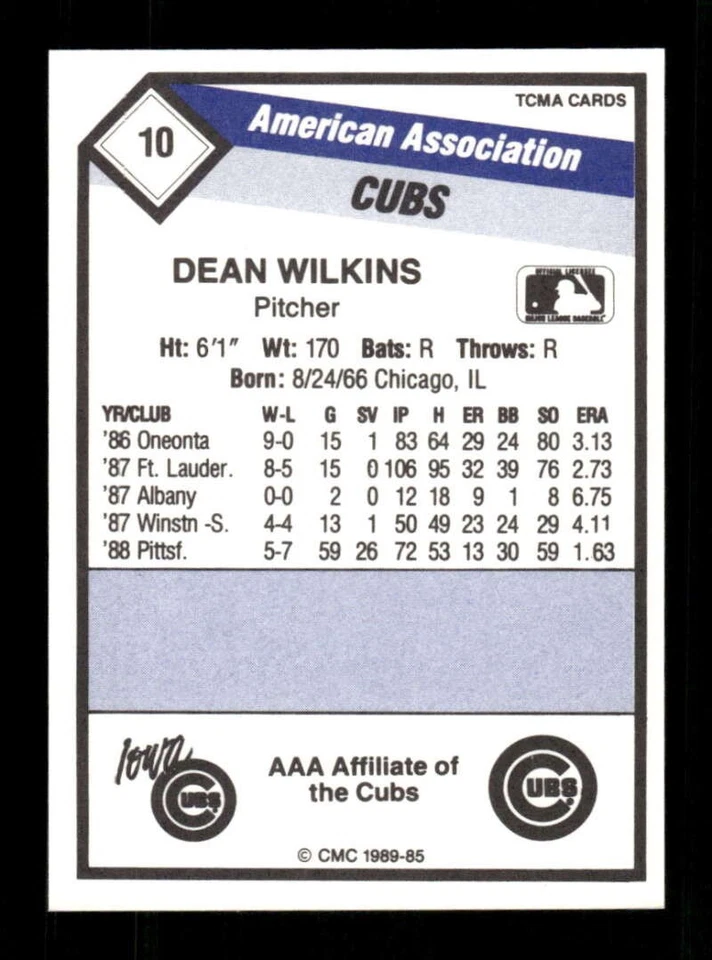 1989 CMC Iowa Cubs 10 Dean Wilkins BXCP30 - Image 2 of 2