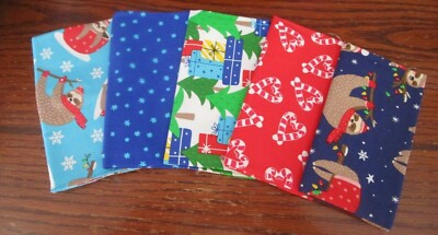CHRISTMAS - 5 PIECE FAT QUARTER  FABRIC BUNDLE -  SLOTH, PRESENTS, STARS, CANDY