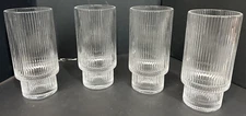Set of 4 Ribbed Drinking Glasses Cup 5.5"-Tall Glass Retro MCM Pedestal Bar