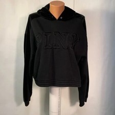 Pink Victoria's Secret Womens large Sweatshirt Black Cropped Hoodie Logo Velour