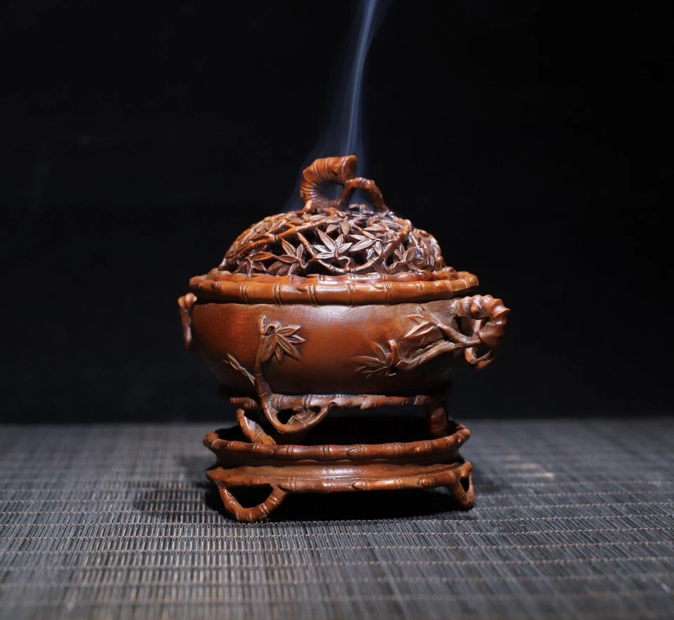 Queimador de incenso de madeira antiga porcelana rara 10,5 cm queimador de incenso de buxo natural - Imagem 4 de 4