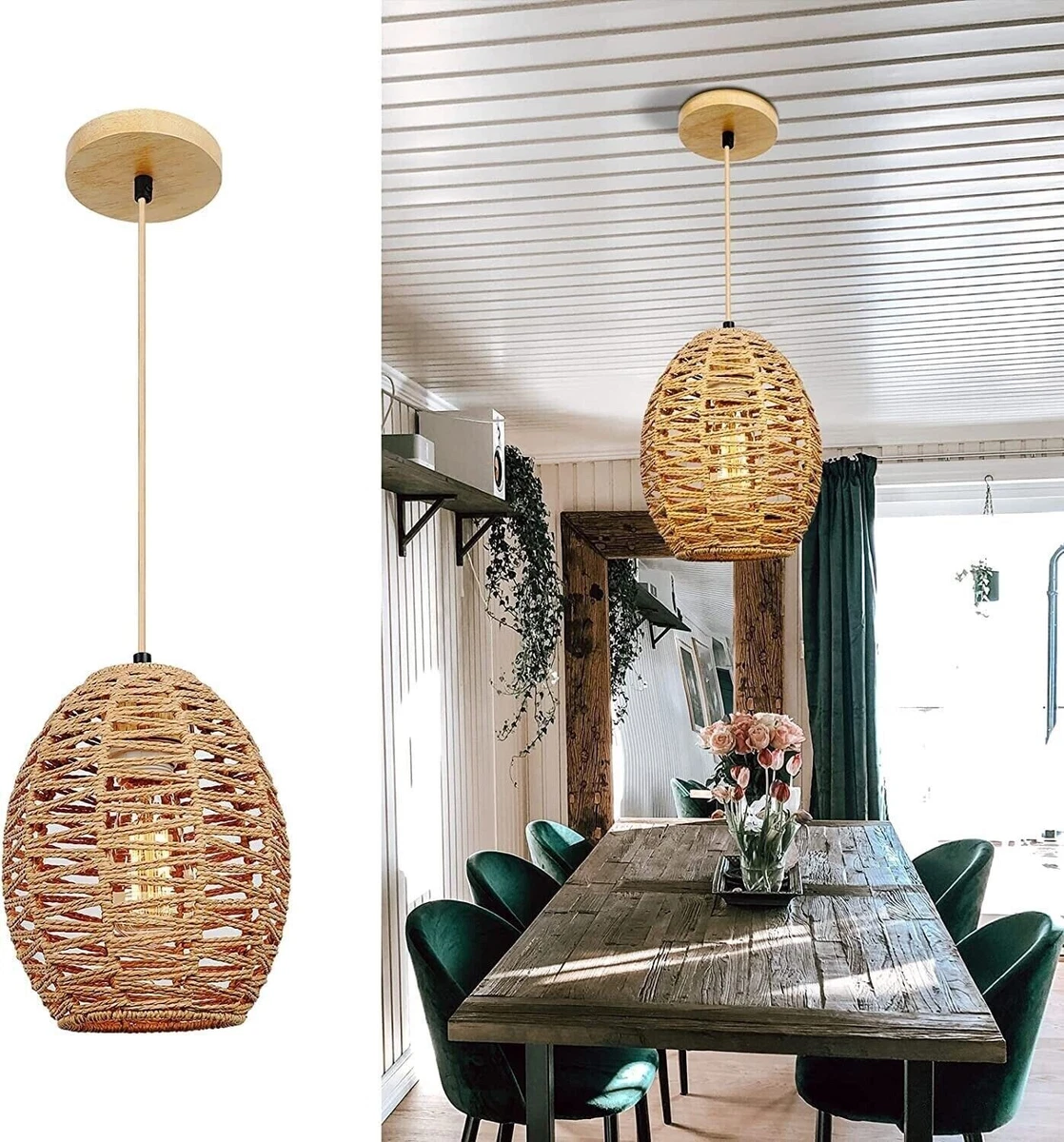 Frideko Natural Woven Pendant Light Modern Hanging Ceiling