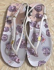 Moo Deng Hippo Print Sandals NWT 6 Purple White Pygmy Flip Flops Animal Kawaii