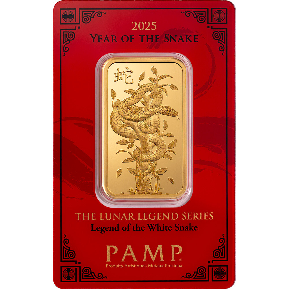 1 oz Gold Bar PAMP 2025 Lunar Legend White Snake 999.9 Fine in