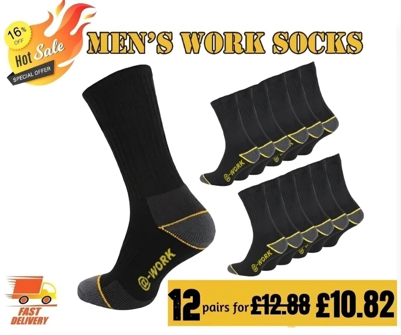 CELEBRITY-FASHIONS Mens Work Socks Workwear Reinforced Cushion Sole Boot Socks 12 Pairs Size 6-11
