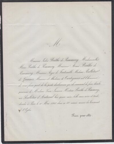 1860 Faire-part décès Mme Isidore BERTHE de POMMERY née POULLETIER d'AUTREVAL. - Photo 1/1