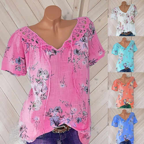 Women Blouse Short Sleeve Tunic Tee Tops T Shirt Ladies Casual Loose Plus Siz