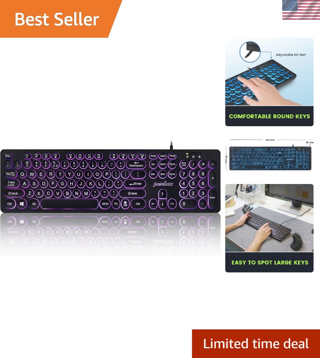 Multicolor Illuminated USB Keyboard - Full-Size, Low-Profile & Comfortable