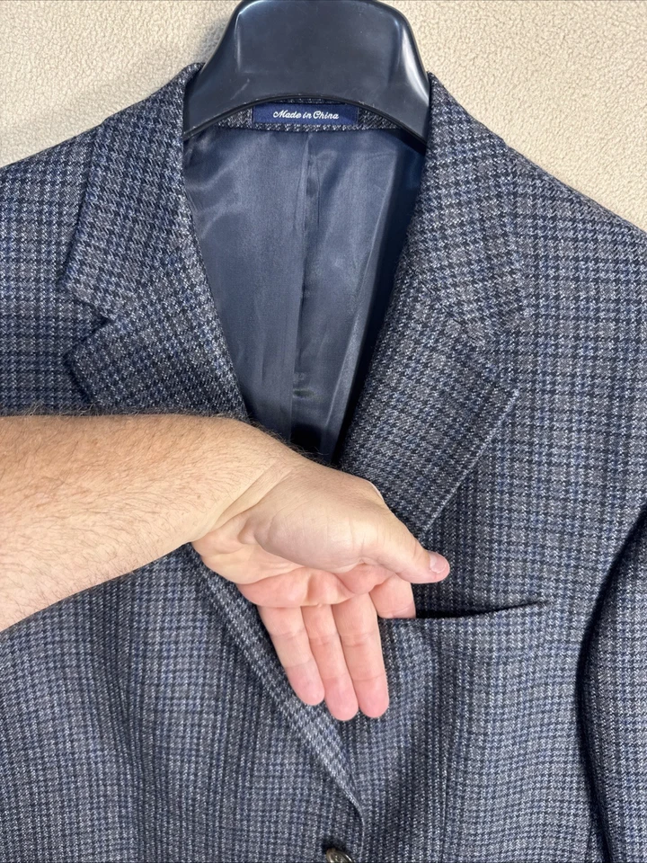 Roundtree & Yorke 44R Taupe Blue Black Houndstooth 100% Wool 2 Button Sport Coat - Image 3 of 4
