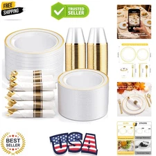350-Piece Gold Disposable Plates and Cutlery Set -  10.25" Dinner Plates, 7.5...
