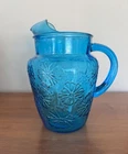 Vintage Anchor Hocking Spring Song Daisy Blue Embossed Glass Water Pitcher