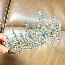 Silver Tone Princess Tiara Headband, Blue Crystal Rhinestone, One Size