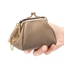 Women Cute Genuine Leather Coin Purse Small Vintage Kiss Lock Change Bag Pouch