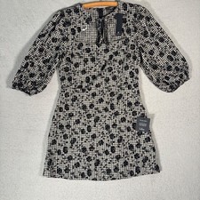 NWT Lulus Size L Persistent Poise Black Gingham Jacquard Tie-Neck Mini Dress