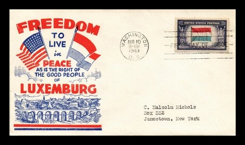 US COVER LUXEMBOURG OVERRUN COUNTRIES FDC SCOTT 912 WWII PATRIOTIC CACHET