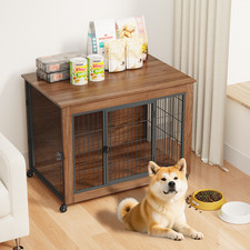 Dog Crate Furniture 38.6in Wheels Wooden 2-Door Heavy Duty Small Dog End Table